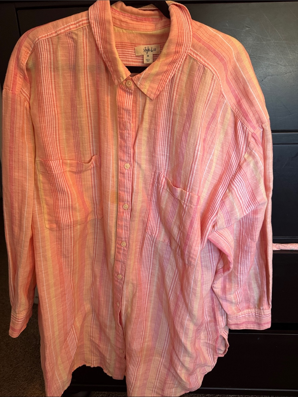 Style & Co. Pink and Cream Striped Linen Button-Down Shirt